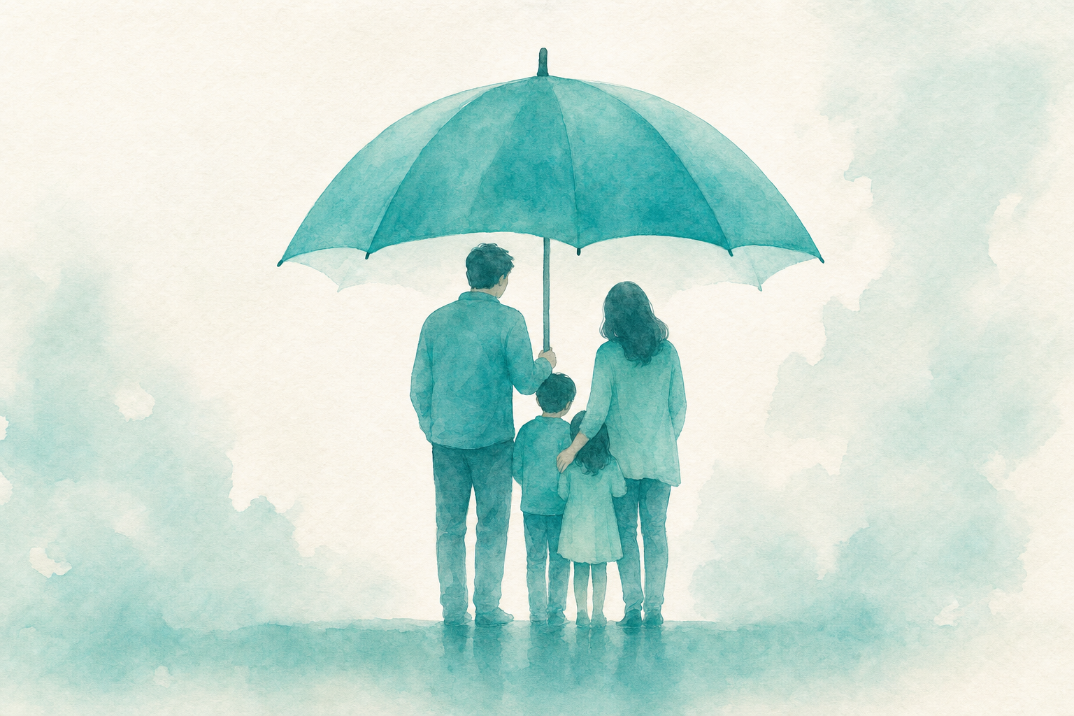 Aquarell-Illustration: Ein Schirm schützt eine Familie